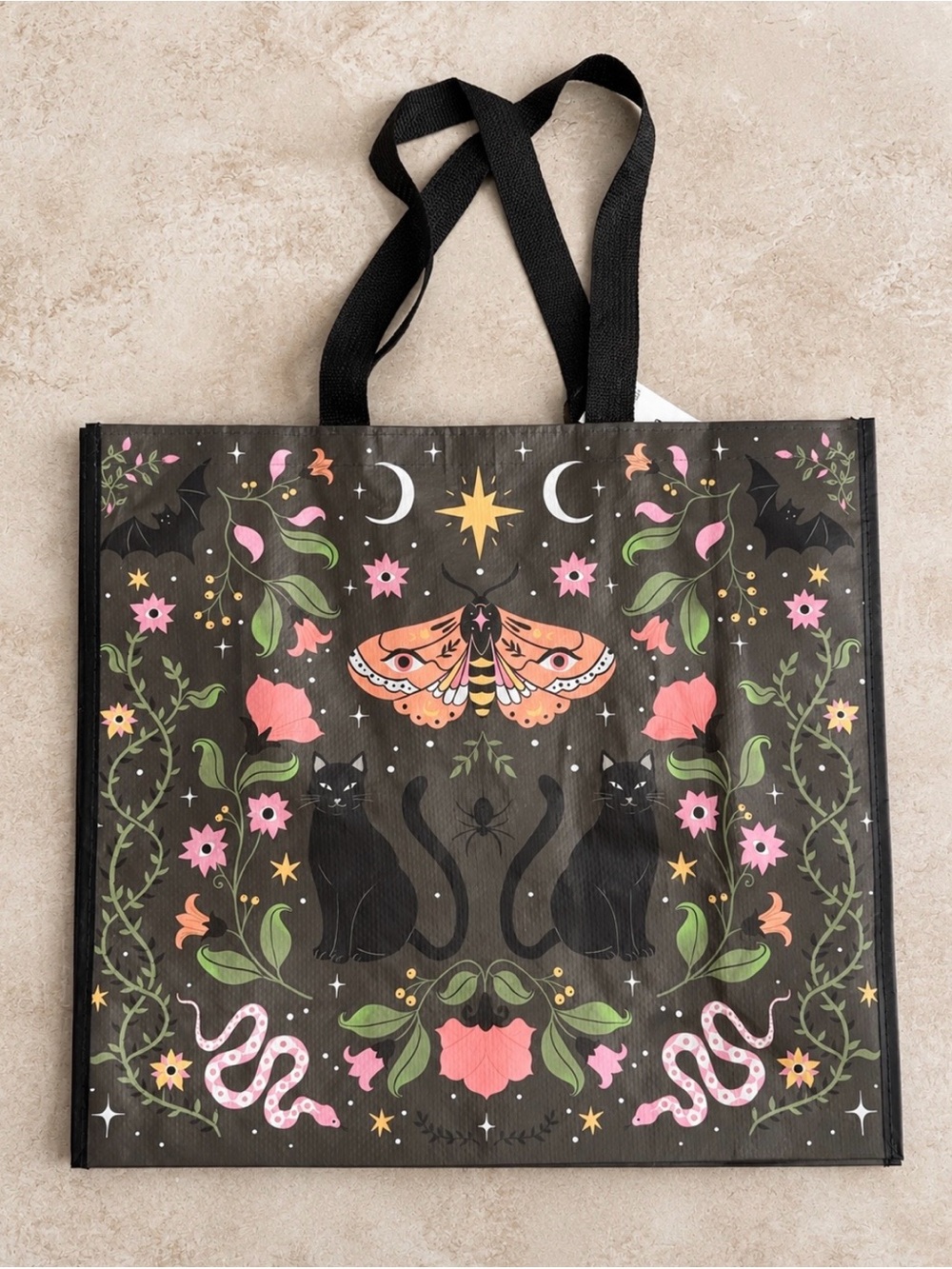 Mystical black cat print reusable tote bag